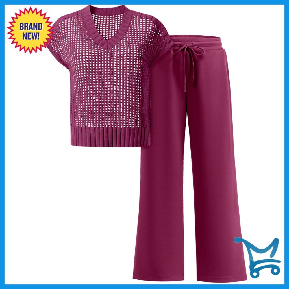 Crochet Knit Sweater Vest Wide Leg Pants Set Casual Beach Vacation Y2k Chic